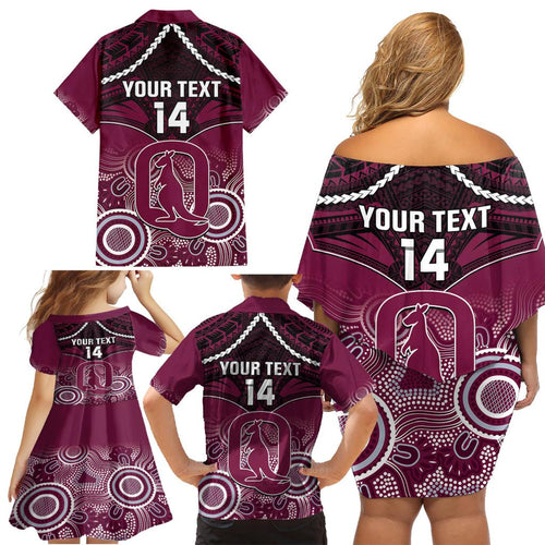 Custom QLD Maroons Rugby Family Matching Off Shoulder Short Dress and Hawaiian Shirt Aboriginal Mix Polynesian Pattern