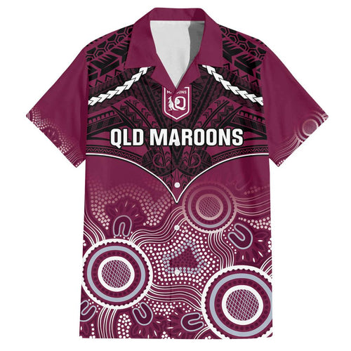 Custom QLD Maroons Rugby Family Matching Off Shoulder Short Dress and Hawaiian Shirt Aboriginal Mix Polynesian Pattern