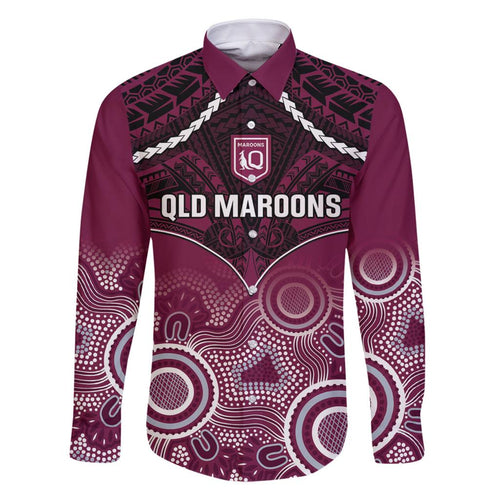 Custom QLD Maroons Rugby Family Matching Off Shoulder Short Dress and Hawaiian Shirt Aboriginal Mix Polynesian Pattern