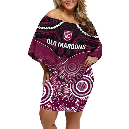 Custom QLD Maroons Rugby Family Matching Off Shoulder Short Dress and Hawaiian Shirt Aboriginal Mix Polynesian Pattern
