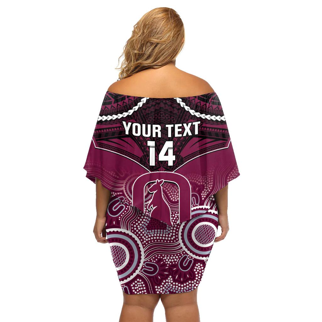 Custom QLD Maroons Rugby Family Matching Off Shoulder Short Dress and Hawaiian Shirt Aboriginal Mix Polynesian Pattern