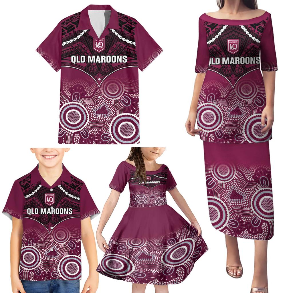 Custom QLD Maroons Rugby Family Matching Puletasi and Hawaiian Shirt Aboriginal Mix Polynesian Pattern