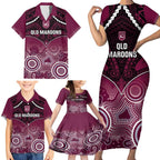 Custom QLD Maroons Rugby Family Matching Short Sleeve Bodycon Dress and Hawaiian Shirt Aboriginal Mix Polynesian Pattern