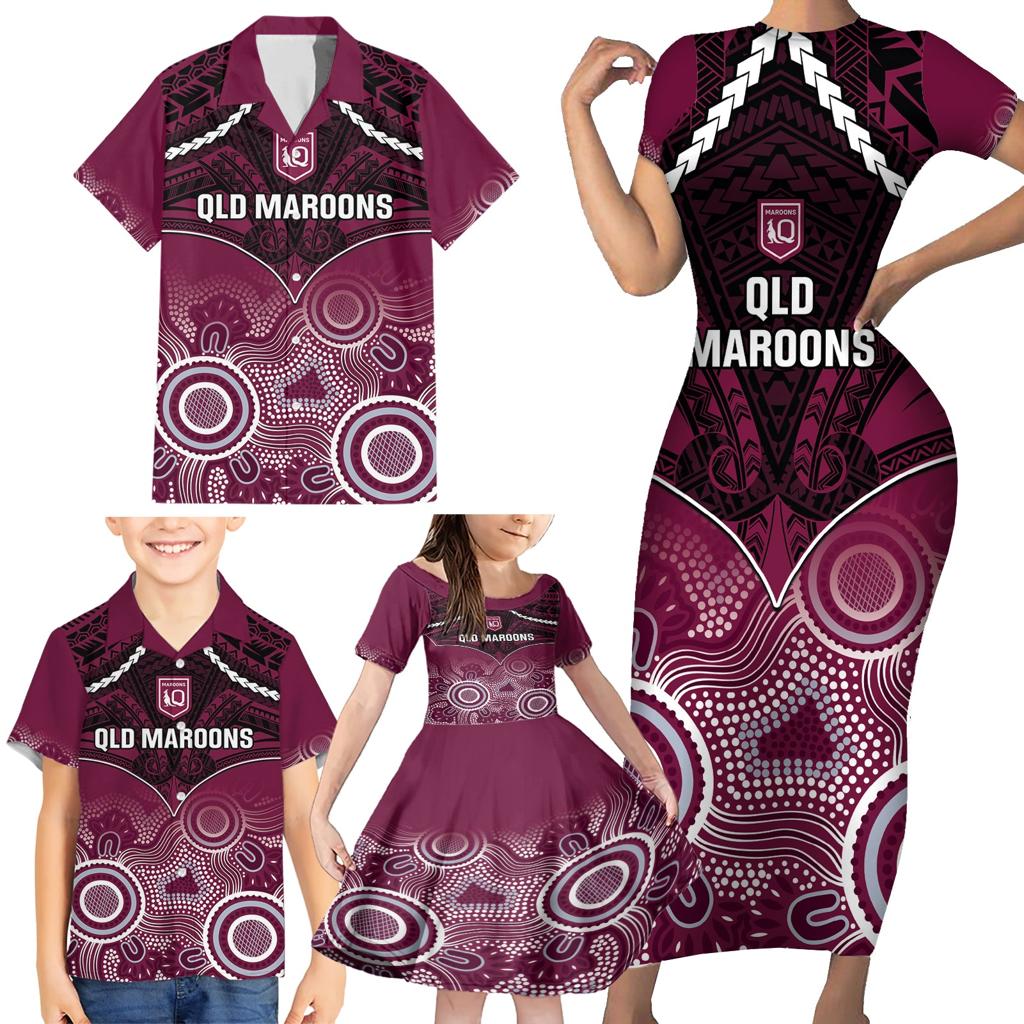 Custom QLD Maroons Rugby Family Matching Short Sleeve Bodycon Dress and Hawaiian Shirt Aboriginal Mix Polynesian Pattern
