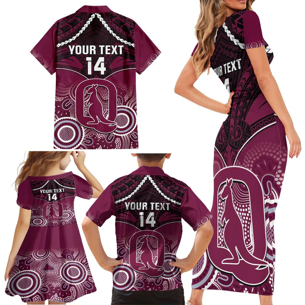 Custom QLD Maroons Rugby Family Matching Short Sleeve Bodycon Dress and Hawaiian Shirt Aboriginal Mix Polynesian Pattern
