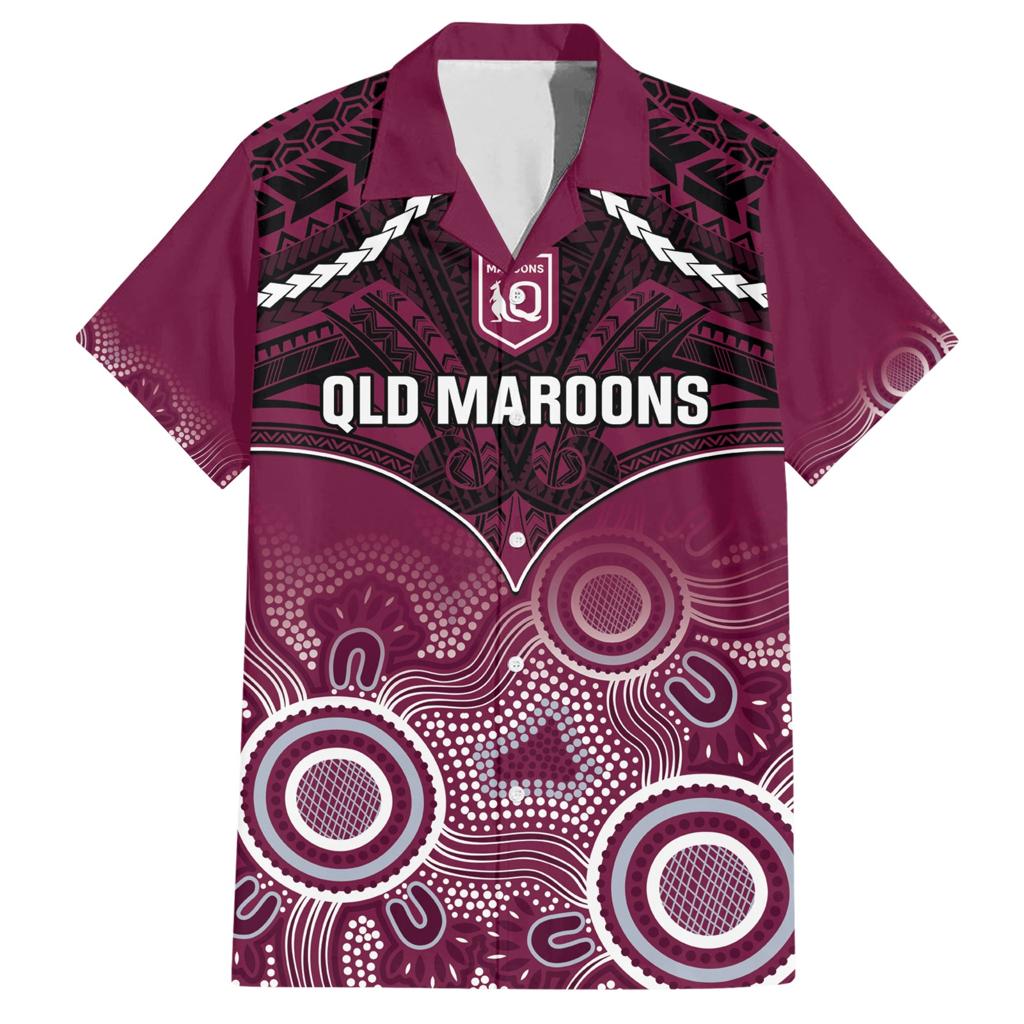 Custom QLD Maroons Rugby Family Matching Short Sleeve Bodycon Dress and Hawaiian Shirt Aboriginal Mix Polynesian Pattern