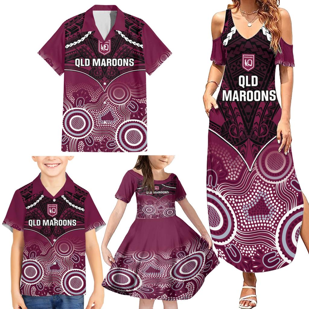 Custom QLD Maroons Rugby Family Matching Summer Maxi Dress and Hawaiian Shirt Aboriginal Mix Polynesian Pattern