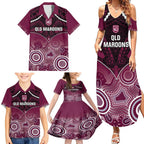 Custom QLD Maroons Rugby Family Matching Summer Maxi Dress and Hawaiian Shirt Aboriginal Mix Polynesian Pattern