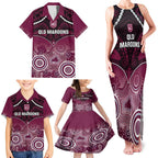 Custom QLD Maroons Rugby Family Matching Tank Maxi Dress and Hawaiian Shirt Aboriginal Mix Polynesian Pattern