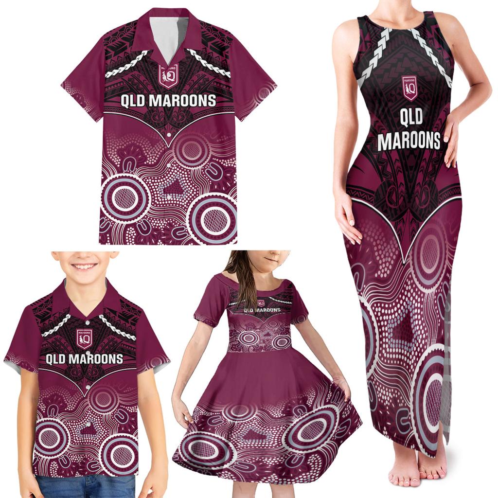 Custom QLD Maroons Rugby Family Matching Tank Maxi Dress and Hawaiian Shirt Aboriginal Mix Polynesian Pattern