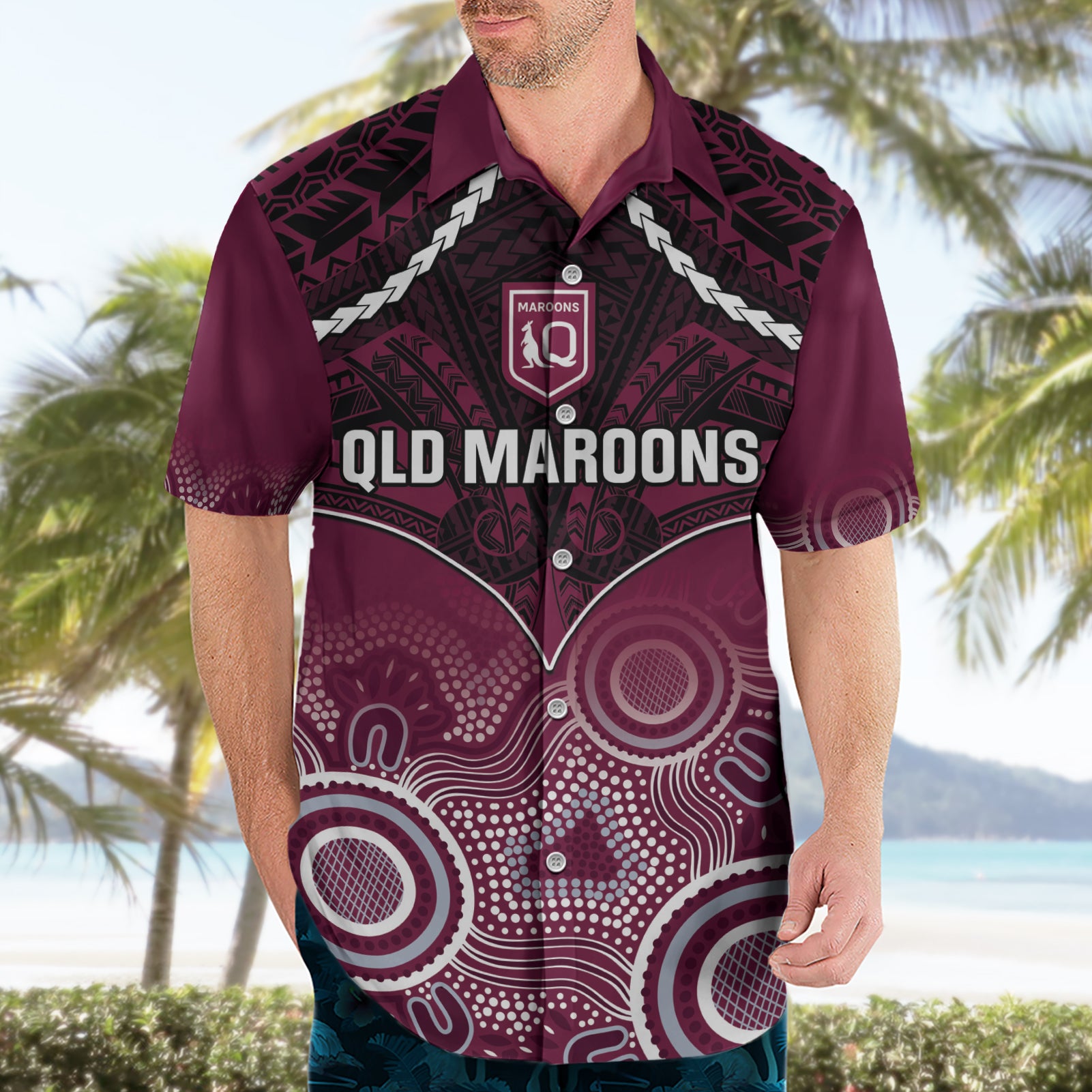 Custom QLD Maroons Rugby Hawaiian Shirt Aboriginal Mix Polynesian Pattern
