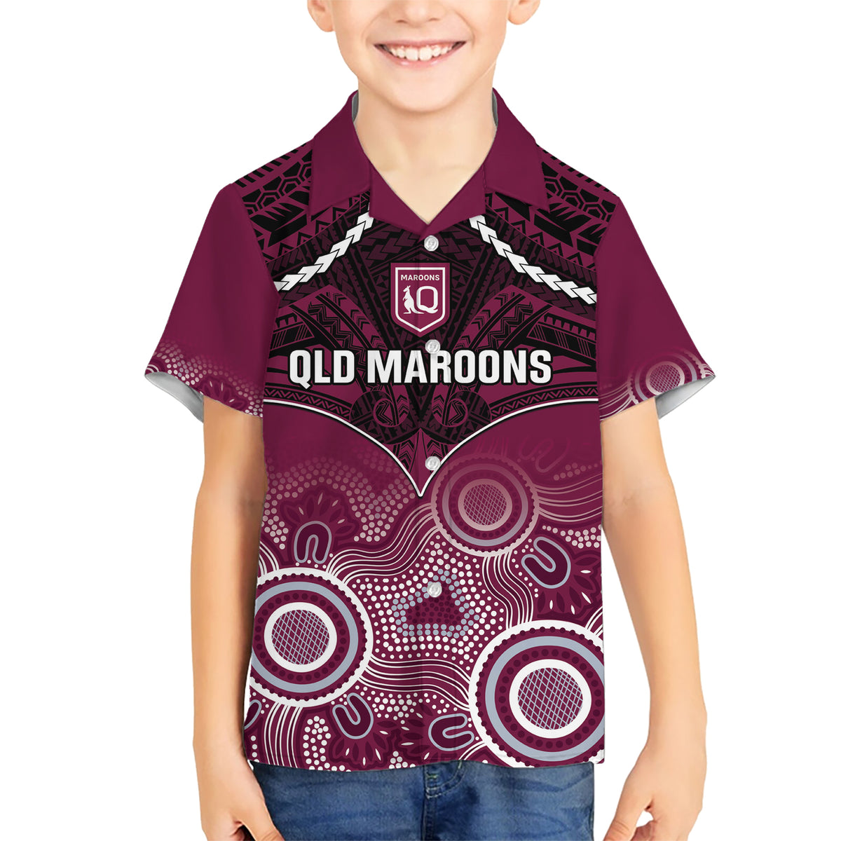 Custom QLD Maroons Rugby Kid Hawaiian Shirt Aboriginal Mix Polynesian Pattern