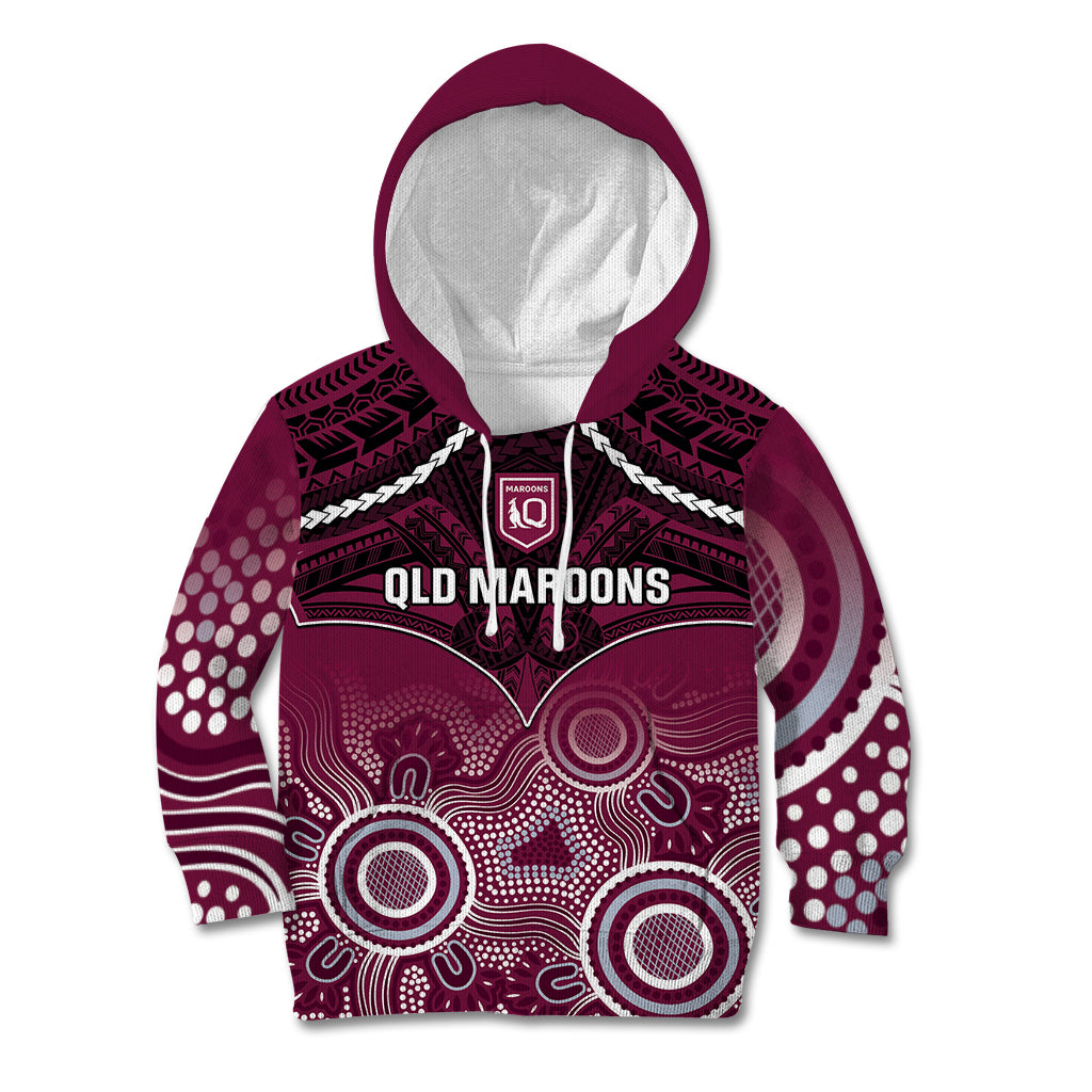 Custom QLD Maroons Rugby Kid Hoodie Aboriginal Mix Polynesian Pattern