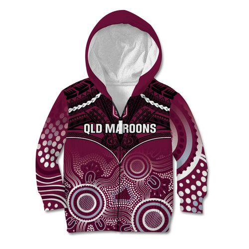 Custom QLD Maroons Rugby Kid Hoodie Aboriginal Mix Polynesian Pattern