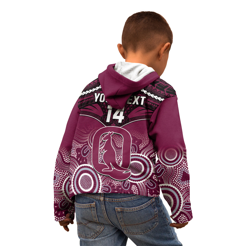 Custom QLD Maroons Rugby Kid Hoodie Aboriginal Mix Polynesian Pattern