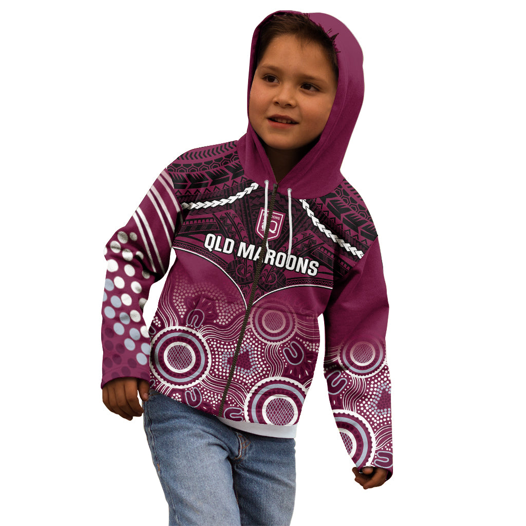 Custom QLD Maroons Rugby Kid Hoodie Aboriginal Mix Polynesian Pattern