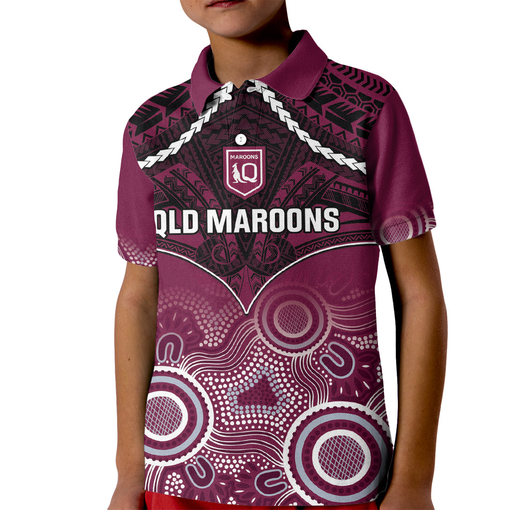 Custom QLD Maroons Rugby Kid Polo Shirt Aboriginal Mix Polynesian Pattern