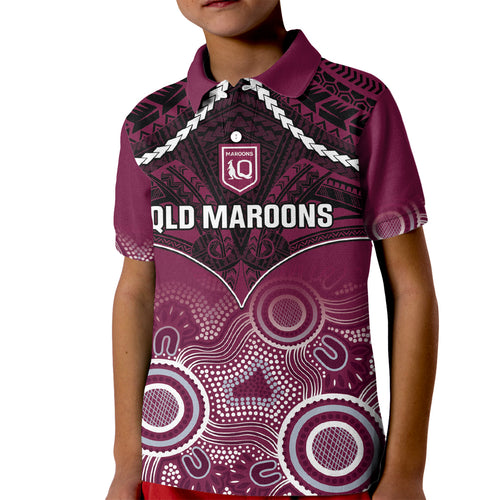 Custom QLD Maroons Rugby Kid Polo Shirt Aboriginal Mix Polynesian Pattern