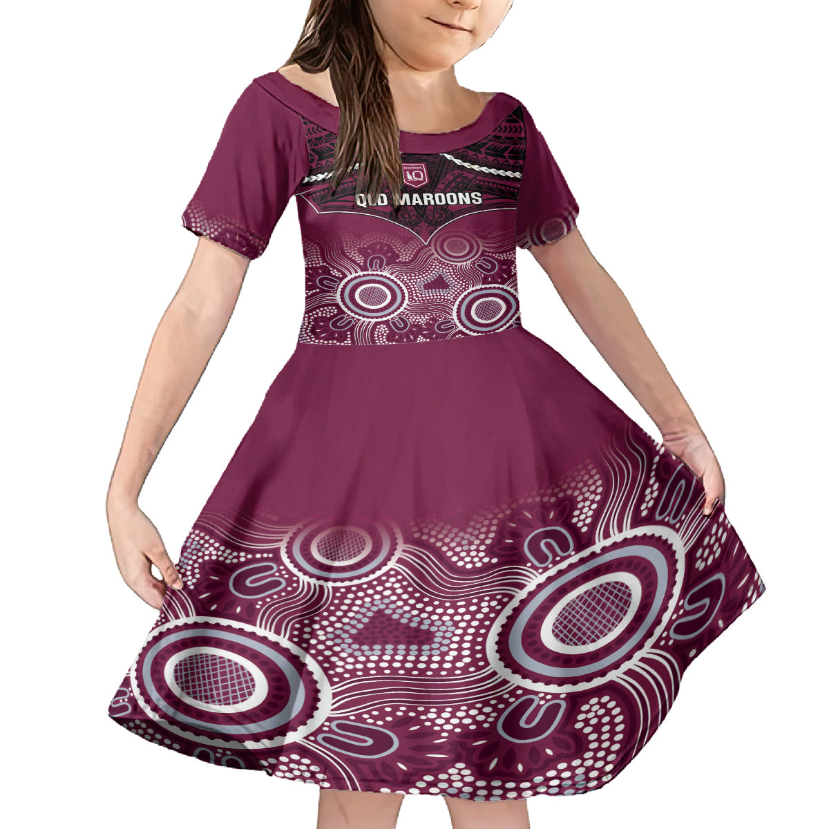 Custom QLD Maroons Rugby Kid Short Sleeve Dress Aboriginal Mix Polynesian Pattern