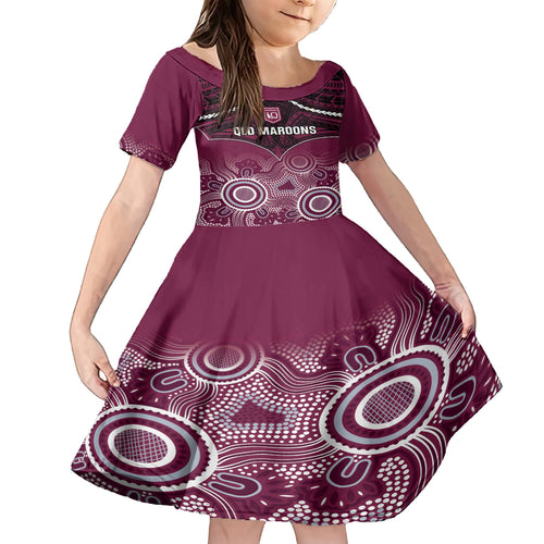 Custom QLD Maroons Rugby Kid Short Sleeve Dress Aboriginal Mix Polynesian Pattern