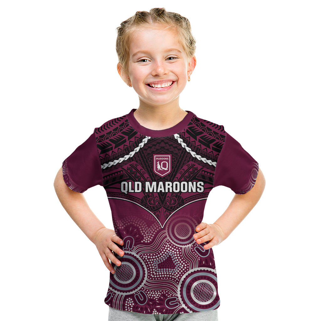 Custom QLD Maroons Rugby Kid T Shirt Aboriginal Mix Polynesian Pattern