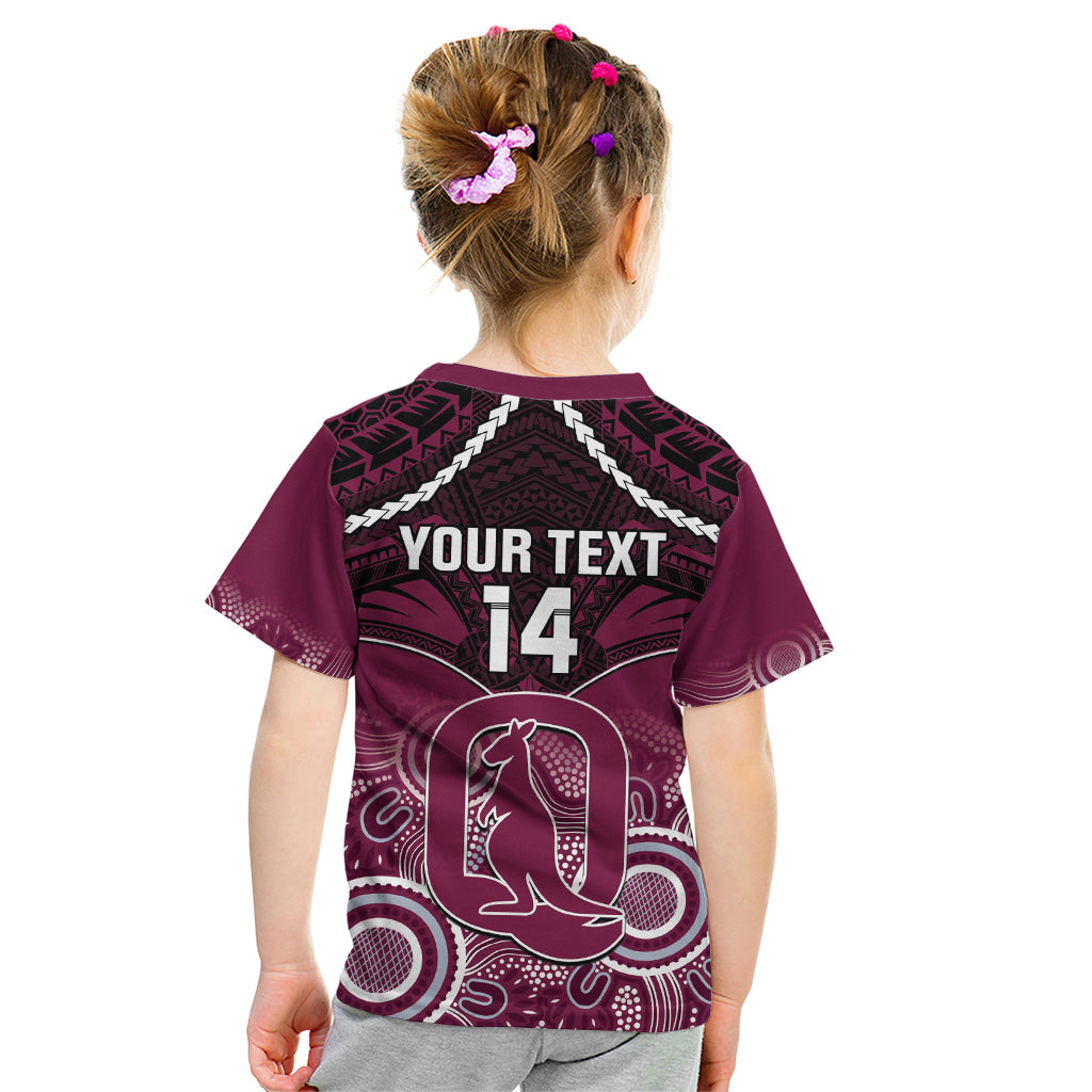 Custom QLD Maroons Rugby Kid T Shirt Aboriginal Mix Polynesian Pattern