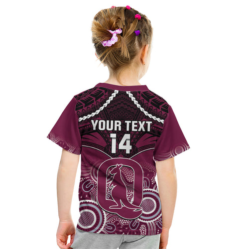 Custom QLD Maroons Rugby Kid T Shirt Aboriginal Mix Polynesian Pattern