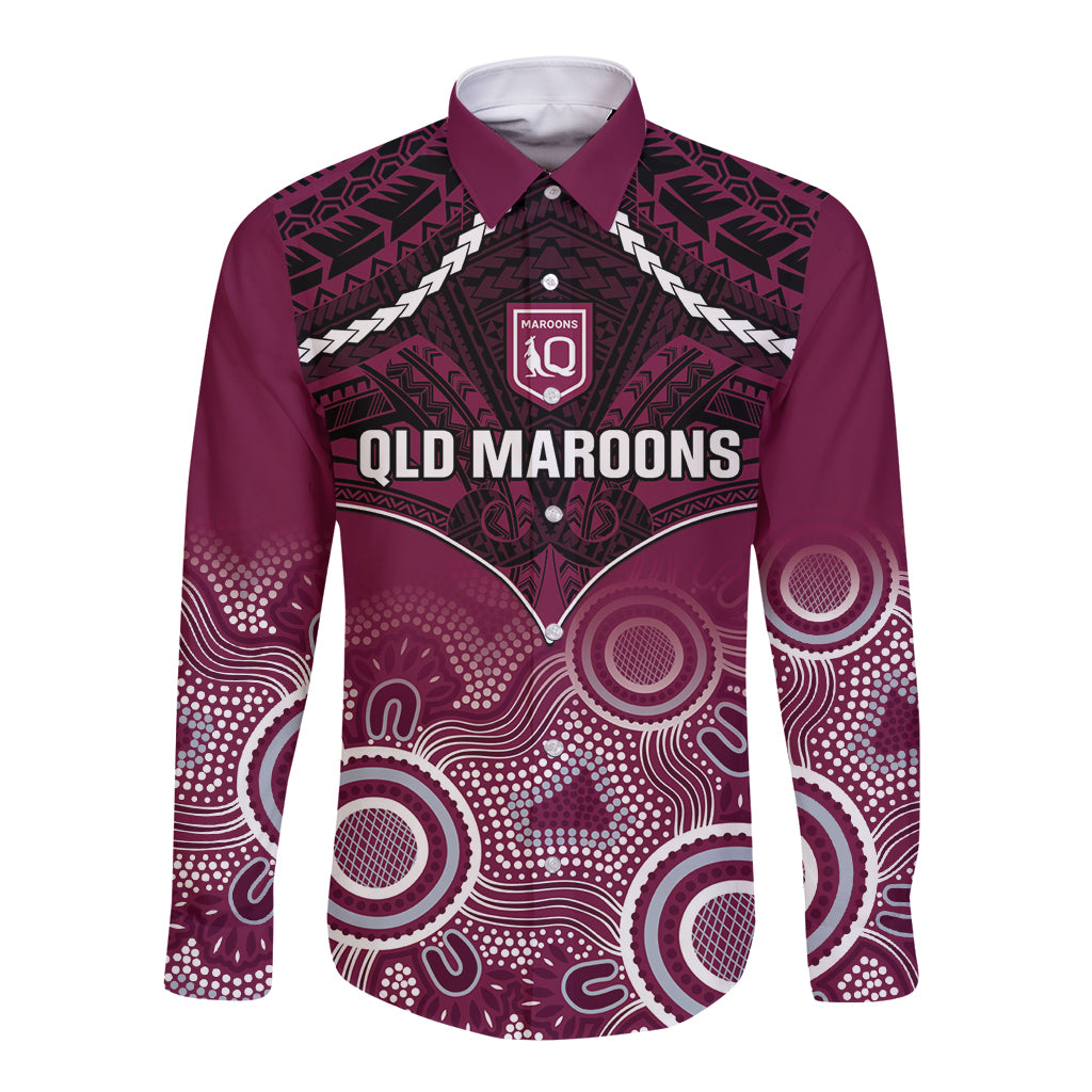 Custom QLD Maroons Rugby Long Sleeve Button Shirt Aboriginal Mix Polynesian Pattern