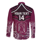 Custom QLD Maroons Rugby Long Sleeve Button Shirt Aboriginal Mix Polynesian Pattern