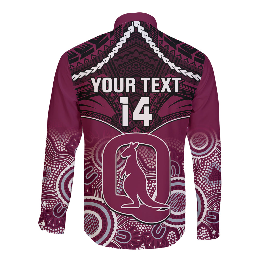 Custom QLD Maroons Rugby Long Sleeve Button Shirt Aboriginal Mix Polynesian Pattern