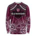 Custom QLD Maroons Rugby Long Sleeve Shirt Aboriginal Mix Polynesian Pattern