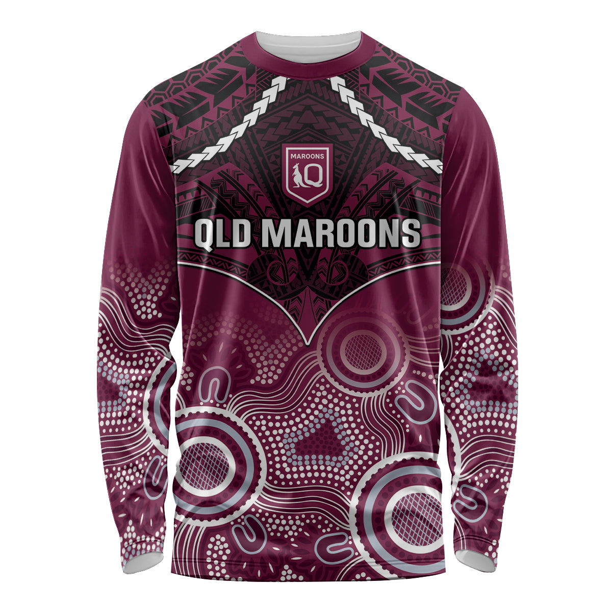 Custom QLD Maroons Rugby Long Sleeve Shirt Aboriginal Mix Polynesian Pattern