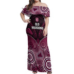 Custom QLD Maroons Rugby Off Shoulder Maxi Dress Aboriginal Mix Polynesian Pattern