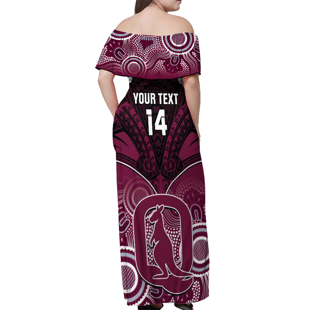 Custom QLD Maroons Rugby Off Shoulder Maxi Dress Aboriginal Mix Polynesian Pattern