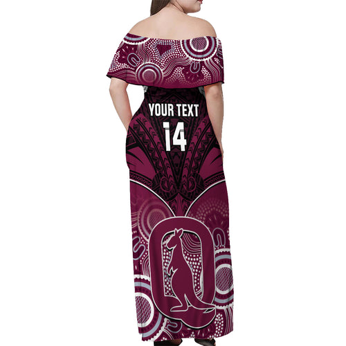 Custom QLD Maroons Rugby Off Shoulder Maxi Dress Aboriginal Mix Polynesian Pattern
