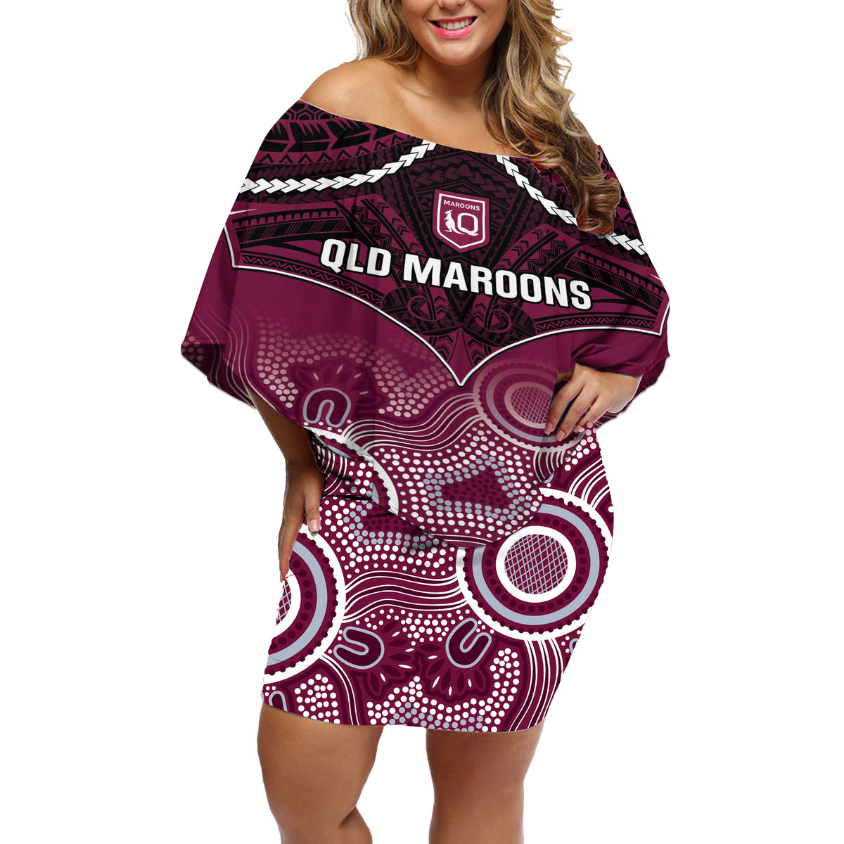 Custom QLD Maroons Rugby Off Shoulder Short Dress Aboriginal Mix Polynesian Pattern