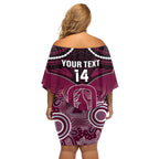 Custom QLD Maroons Rugby Off Shoulder Short Dress Aboriginal Mix Polynesian Pattern