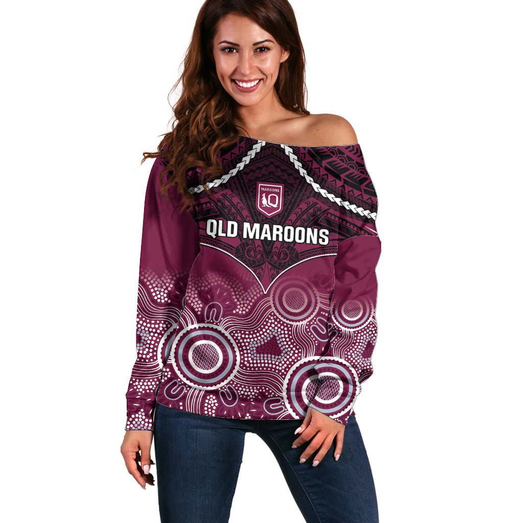 Custom QLD Maroons Rugby Off Shoulder Sweater Aboriginal Mix Polynesian Pattern