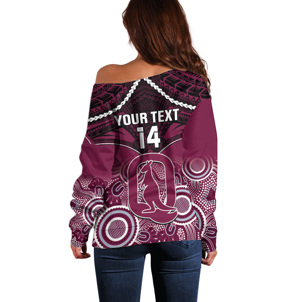 Custom QLD Maroons Rugby Off Shoulder Sweater Aboriginal Mix Polynesian Pattern