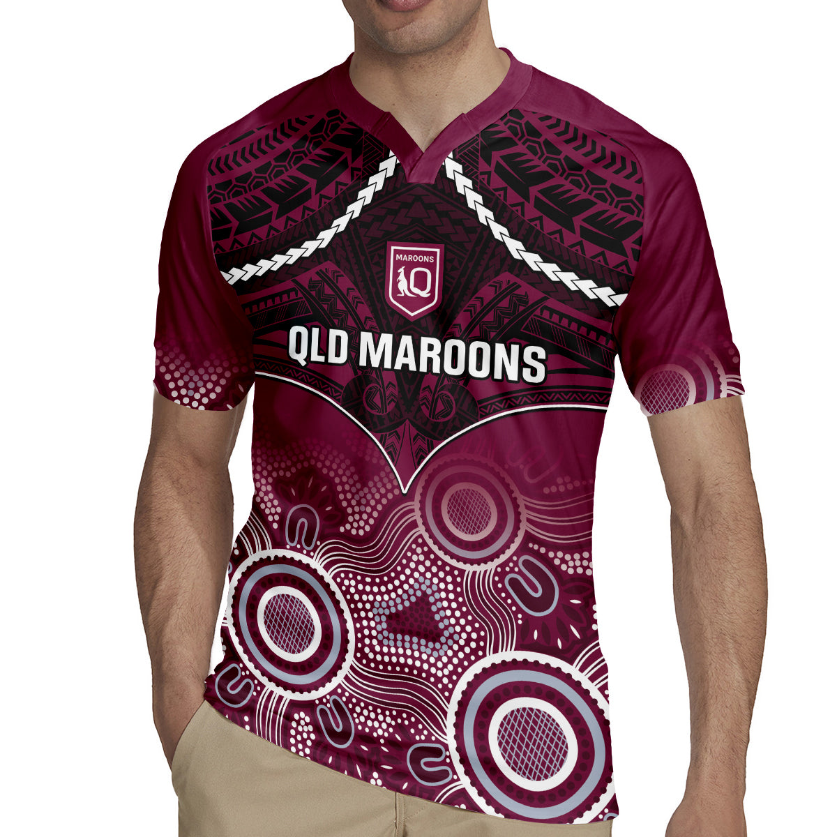 Custom QLD Maroons Rugby Rugby Jersey Aboriginal Mix Polynesian Pattern