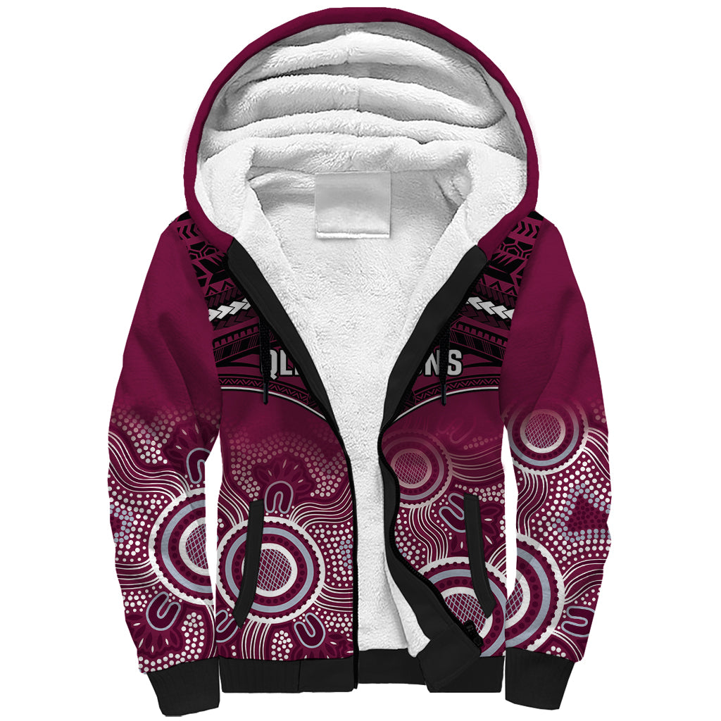 Custom QLD Maroons Rugby Sherpa Hoodie Aboriginal Mix Polynesian Pattern