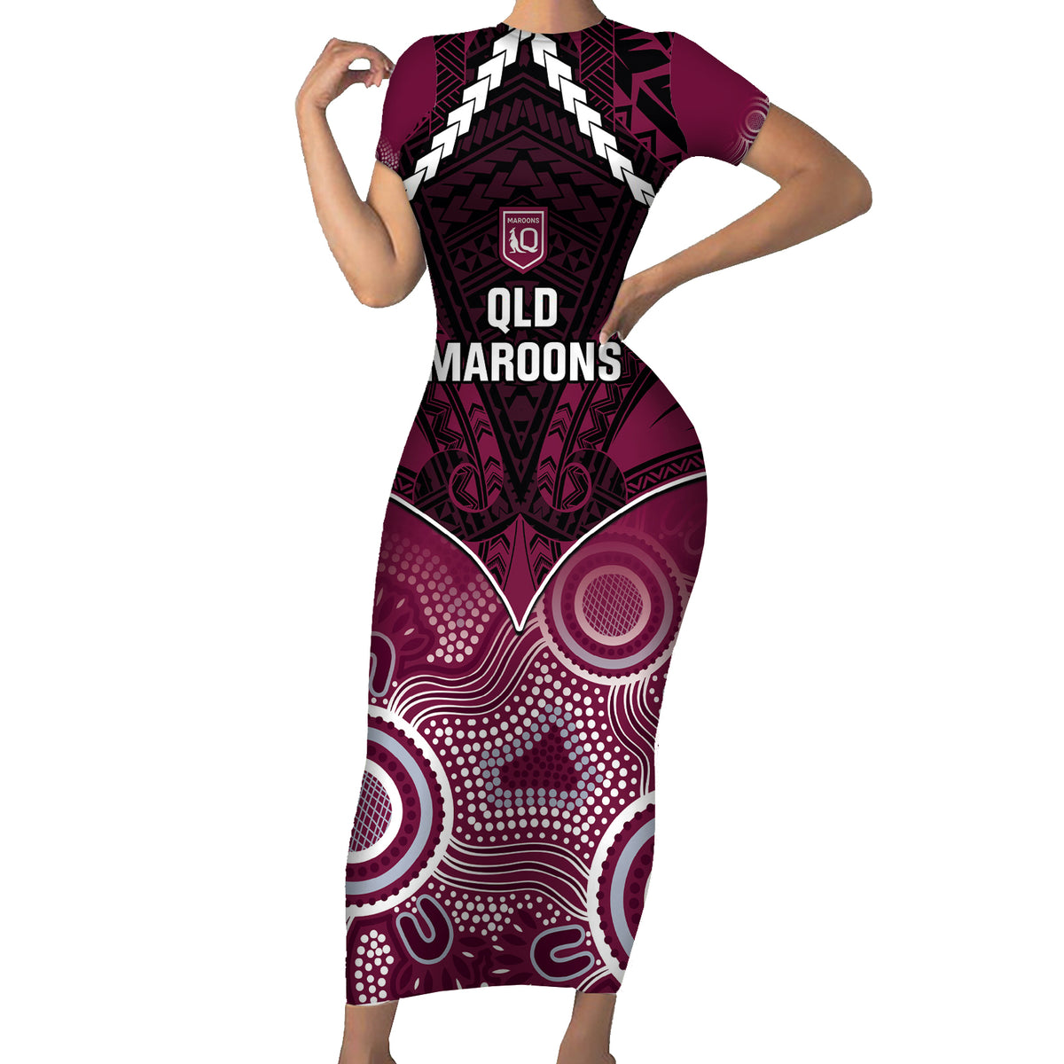 Custom QLD Maroons Rugby Short Sleeve Bodycon Dress Aboriginal Mix Polynesian Pattern