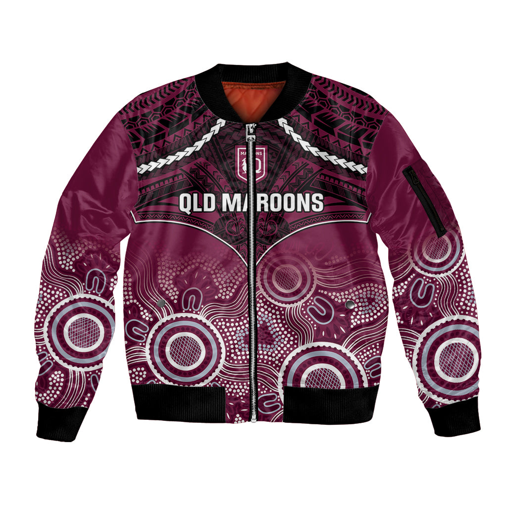 Custom QLD Maroons Rugby Sleeve Zip Bomber Jacket Aboriginal Mix Polynesian Pattern