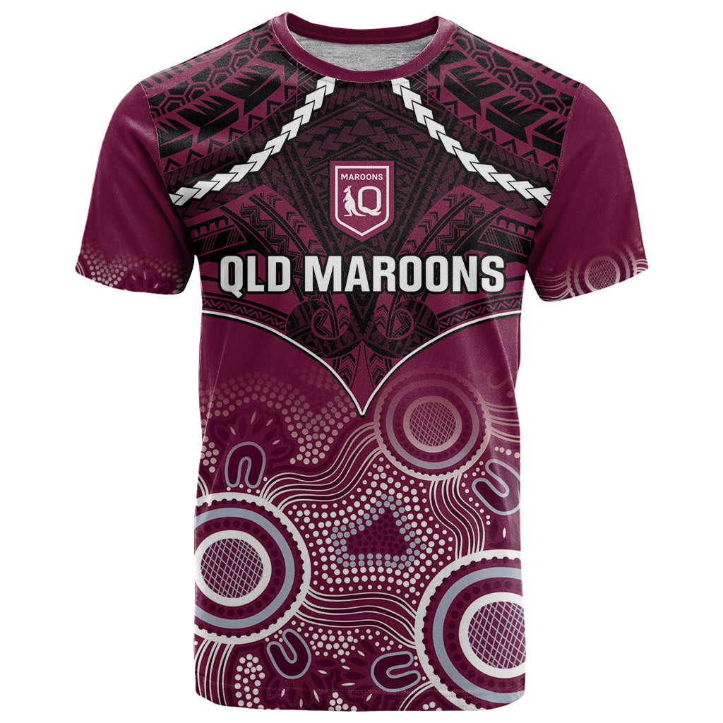 Custom QLD Maroons Rugby T Shirt Aboriginal Mix Polynesian Pattern