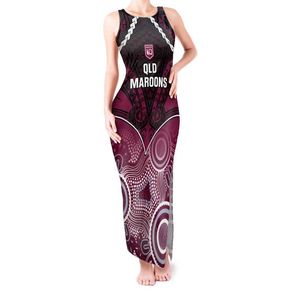 Custom QLD Maroons Rugby Tank Maxi Dress Aboriginal Mix Polynesian Pattern