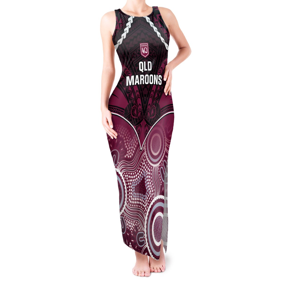 Custom QLD Maroons Rugby Tank Maxi Dress Aboriginal Mix Polynesian Pattern