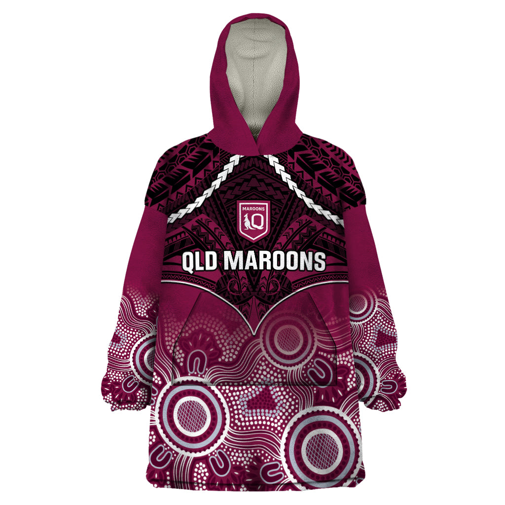 Custom QLD Maroons Rugby Wearable Blanket Hoodie Aboriginal Mix Polynesian Pattern