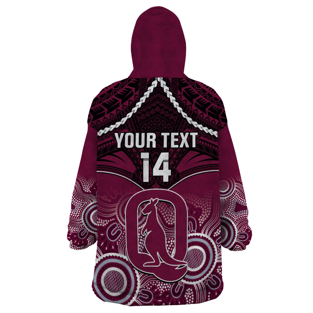 Custom QLD Maroons Rugby Wearable Blanket Hoodie Aboriginal Mix Polynesian Pattern