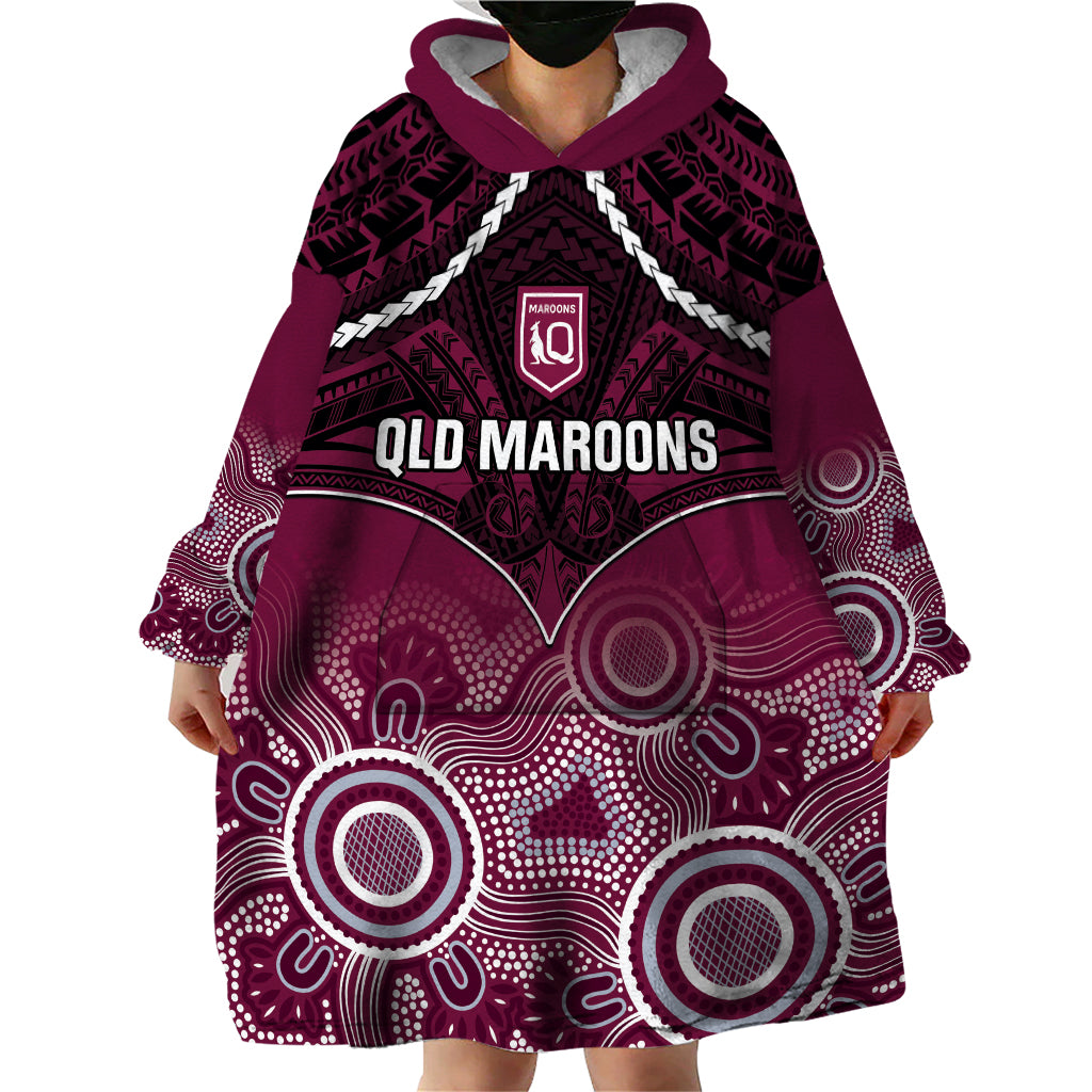Custom QLD Maroons Rugby Wearable Blanket Hoodie Aboriginal Mix Polynesian Pattern