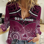 Custom QLD Maroons Rugby Women Casual Shirt Aboriginal Mix Polynesian Pattern